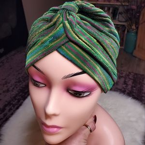 Green shimmer stripped hat /hair Wrap